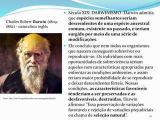  Século XIX: DARWINISMO -Darwin admitia
que espécies semelhantes seriam
descendentes de uma espécie ancestral
comum, existente no passado, e teriam
surgido por meio de uma série de
modificações.
 Ele concluiu que nem todos os organismos
que nascem conseguem sobreviver ou
reproduzir-se. Os indivíduos com mais
oportunidades de sobrevivência seriam
aqueles com características apropriadas para
enfrentar as condições ambientes, e assim
teriam maior probabilidade de se reproduzir
e deixar descendentes férteis. Nessas
condições, as características favoráveis
tenderiam a ser preservadas e as
desfavoráveis, destruídas. Darwin
afirmou: “Essa preservação de variações
favoráveis e rejeição de variações prejudiciais
eu chamo de seleção natural”. 20
Fonte: http://www.biografiasyvidas.com/monografia/darwin/
Charles Robert Darwin (1809-
1882) - naturalista inglês
 