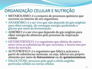 ORGANIZAÇÃO CELULAR E NUTRIÇÃO
 METABOLISMO: é o conjunto de processos químicos que
ocorrem no interior de um organismo.
 ANAERÓBIO: é o ser vivo que não depende do gás oxigênio
para obter energia, ele consegue energia quebrando a
glicose por meio da fermentação.
 AERÓBIO: é o ser vivo que depende do gás oxigênio para
obter energia do alimento pelo processo de respiração
celular.
 HETEROTRÓFICO: é o organismo que obtém de outros
seres vivos as substâncias de que necessita, e fazem isso por
meio da nutrição.
 AUTOTRÓFICO: é o organismo que fabrica açúcares a
partir de substâncias minerais, ou seja, fabrica seu próprio
alimento por meio da fotossíntese ou da quimiossíntese.
 FAGOCITOSE: processo pelo qual a célula engloba
partículas sólidas ou outras células.
34
 