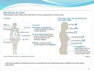 37
Fonte: http://g1.globo.com/bemestar/noticia/2011/03/bacterias-sao-fundamentais-para-o-equilibrio-do-corpo-explica-
medico.html
 
