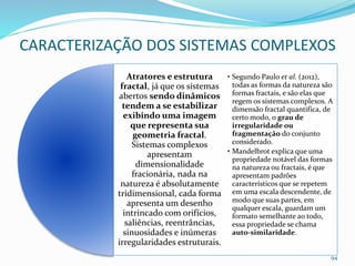 Atratores e estrutura
fractal, já que os sistemas
abertos sendo dinâmicos
tendem a se estabilizar
exibindo uma imagem
que representa sua
geometria fractal.
Sistemas complexos
apresentam
dimensionalidade
fracionária, nada na
natureza é absolutamente
tridimensional, cada forma
apresenta um desenho
intrincado com orifícios,
saliências, reentrâncias,
sinuosidades e inúmeras
irregularidades estruturais.
• Segundo Paulo et al. (2012),
todas as formas da natureza são
formas fractais, e são elas que
regem os sistemas complexos. A
dimensão fractal quantifica, de
certo modo, o grau de
irregularidade ou
fragmentação do conjunto
considerado.
• Mandelbrot explica que uma
propriedade notável das formas
na natureza ou fractais, é que
apresentam padrões
característicos que se repetem
em uma escala descendente, de
modo que suas partes, em
qualquer escala, guardam um
formato semelhante ao todo,
essa propriedade se chama
auto-similaridade.
94
CARACTERIZAÇÃO DOS SISTEMAS COMPLEXOS
 