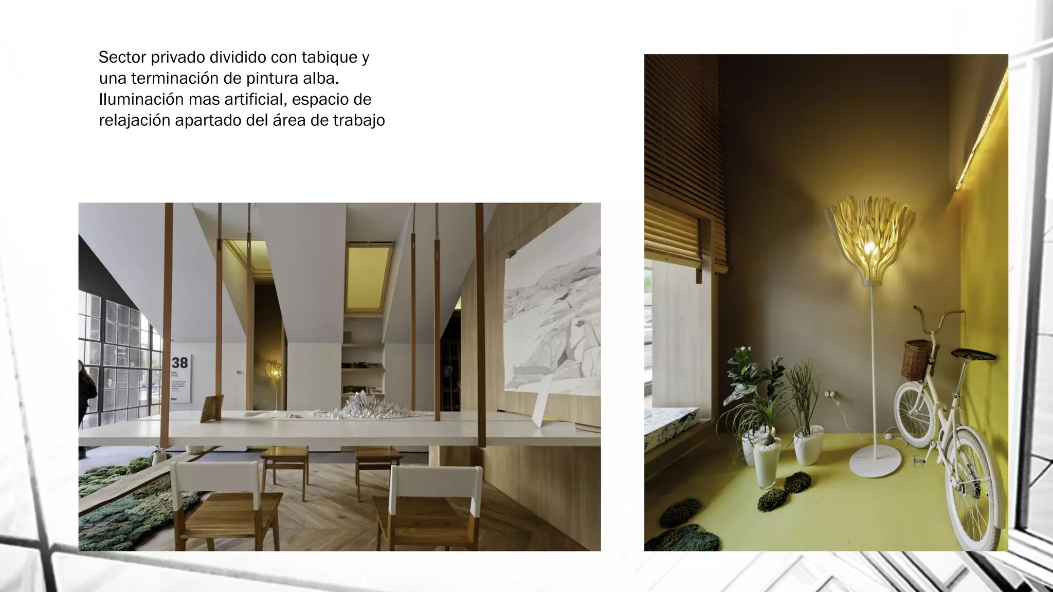 Sector privado dividido con tabique y
una terminación de pintura alba.
Iluminación mas artificial, espacio de
relajación apartado del área de trabajo
 