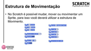 Estrutura de Movimentação
• No Scratch é possível mudar, mover ou movimentar um
Sprite, para isso você deverá utilizar a estrutura de
Movimento.
 