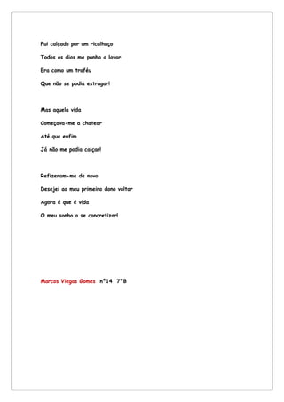 Fui calçado por um ricalhaço

Todos os dias me punha a lavar

Era como um troféu

Que não se podia estragar!



Mas aquela vida

Começava-me a chatear

Até que enfim

Já não me podia calçar!




Refizeram-me de novo

Desejei ao meu primeiro dono voltar

Agora é que é vida

O meu sonho a se concretizar!




Marcos Viegas Gomes nº14 7ºB
 