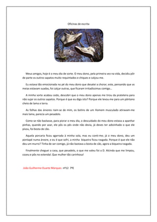 Oficinas de escrita




  Meus amigos, hoje é o meu dia de sorte. O meu dono, pela primeira vez na vida, decidiu pôr
de parte os outros sapatos muito requintados e chiques e calçou-me.

  Eu estava tão emocionada no pé do meu dono que desatei a chorar; este, pensando que as
meias estavam suadas, foi calçar outras, que ficaram irritadíssimas comigo…

  A minha sorte acabou cedo, descobri que o meu dono apenas me tirou da prateleira para
não sujar os outros sapatos. Porque é que eu digo isto? Porque ele levou-me para um pântano
cheio de lama e terra.

  As folhas das árvores riam-se de mim, os botins de um Homem musculado atiravam-me
mais lama, parecia um pesadelo.

   Como se não bastasse, para piorar o meu dia, o descuidado do meu dono estava a apanhar
pinhas, quando por azar, ele pôs os pés onde não devia, já deves ter adivinhado o que ele
pisou, foi bosta de cão.

  Aquela porcaria ficou agarrada à minha sola, mas eu conti-me; já o meu dono, deu um
pontapé numa árvore, e eu é que sofri, a minha biqueira ficou rasgada. Porque é que ele não
deu um murro? Tinha de ser comigo, já não bastava a bosta de cão, agora a biqueira rasgada.

  Finalmente cheguei a casa, que pesadelo, o que me valeu foi a D. Alcinda que me limpou,
cozeu e pôs no estendal. Que mulher tão carinhosa!



João Guilherme Duarte Marques nº12 7ºE
 