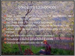 CONCEITOS EQUIVOCADOS

Toda e qualquer leitura promove o aprendizado da
 leitura (uso do livro didático);
Esquema texto / leitura oral e silenciosa /
 vocabulário/interpretação / produção de texto no final;
Leitura como secundária ou automática, pois o foco é na
 escrita;
Leitura e escrita como o mesmo processo;
Considerar a escrita precedente à leitura;
Criança não alfabetizada não lê;
 