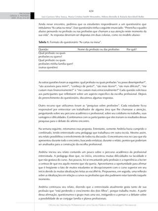 424
          PSICOLOGIA
CIÊNCIA E PROFISSÃO,
                           Luiz Gustavo Silva Souza, Maria Cristina Smith Menandro, Milena Bertollo & Rafaela Kerckhoff Rolke
 2009, 29 (2), 416-427


                         Ainda nesse encontro, pedimos que os estudantes respondessem a um questionário que
                         intitulamos “As cartas na mesa”. Esse questionário tinha o seguinte enunciado: “Preencha o quadro
                         abaixo pensando na profissão ou nas profissões que chamam a sua atenção neste momento da
                         sua vida”. As respostas deveriam ser dispostas em duas colunas, como no modelo abaixo:

                         Tabela 1. Formato do questionário “As cartas na mesa”.

                         Questão                             Nome da profissão ou das profissões            Por quê?
                         Qual profissão ou quais
                         profissões eu quero?
                         Qual profissão ou quais
                         profissões minha família quer?
                         (outras questões)




                         As outras questões foram as seguintes: qual profissão ou quais profissões “eu posso desempenhar?”,
                         “são acessíveis para mim?”, “conheço de perto?”, “são mais fáceis?”, “são mais difíceis?”, “me
                         custam mais financeiramente?” e “me custam mais emocionalmente?” Cada questão solicitava
                         aos participantes que refletissem sobre um aspecto específico da escolha profissional. Depois
                         do preenchimento do questionário, discutimos algumas respostas.

                         Outro recurso que utilizamos foram as “pesquisas sobre profissões”. Cada estudante ficou
                         responsável por entrevistar um trabalhador de alguma área que lhe chamasse a atenção,
                         perguntando sobre seu percurso acadêmico e profissional, sobre seu cotidiano no trabalho, suas
                         vantagens e dificuldades. Combinamos com os participantes que eles trariam os resultados dessas
                         pesquisas para o debate do sétimo encontro.

                         Na semana seguinte, retomamos essa proposta. Entretanto, somente Andréia havia cumprido o
                         combinado, tendo entrevistado uma pedagoga que trabalhava em outra escola. Mesmo assim,
                         seu relato possibilitou o envolvimento de todos na discussão. Concentramo-nos no caso que ela
                         apresentou durante todo o encontro, buscando enfatizar, durante o relato, pontos que poderiam
                         ser analisados para a construção da escolha profissional.

                         Andréia iniciou seu relato contando um pouco sobre o percurso acadêmico da profissional
                         entrevistada. A pedagoga disse que, no início, encontrou muitas dificuldades na faculdade e
                         que não gostava do curso. Aos poucos, foi se encantando pela profissão e a experiência a fez ter
                         a certeza de que era aquilo mesmo que ela queria. Aproveitamos a oportunidade para afirmar
                         que é freqüente o fato de muitos estudantes se decepcionarem com o curso superior em seu
                         início devido às muitas idealizações feitas ao escolhê-lo. Propusemos, em seguida, uma reflexão
                         sobre as idealizações em relação a cursos ou profissões que eles pudessem estar fazendo naquele
                         momento.

                         Andréia continuou seu relato, dizendo que a entrevistada atualmente gosta tanto de sua
                         profissão que “está perdendo o crescimento dos dois filhos”, porque trabalha muito. A partir
                         dessa afirmação, questionamos o grupo mais uma vez, instigando-o a pensar e a debater sobre
                         a possibilidade de se conjugar família e planos profissionais.

                                  Oficina de Orientação Profissional em uma Escola Pública: Uma Abordagem Psicossocial
 