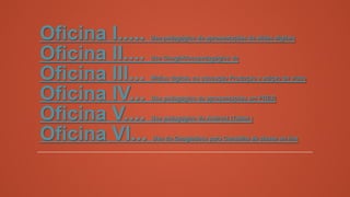 Oficina I.....
Oficina II....
Oficina III...
Oficina IV...
Oficina V....
Oficina VI...

Uso pedagógico de apresentações de slides digitais

Uso GoogleDocspedagógico do

Mídias digitais na educação Produção e edição de vídeo

Uso pedagógico de apresentações em PREZI

Uso pedagógico do Android (Tablet )

Uso do Googledocs para Conselho de classe on line

 