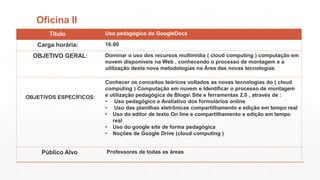 Oficina II
Titulo

Carga horária:
OBJETIVO GERAL:

OBJETIVOS ESPECÍFICOS:

Público Alvo

Uso pedagógico do GoogleDocs

16:00
Dominar o uso dos recursos multimídia ( cloud computing ) computação em
nuvem disponíveis na Web , conhecendo o processo de montagem e a
utilização desta nova metodologias na Área das novas tecnologias
Conhecer os conceitos teóricos voltados as novas tecnologias do ( cloud
computing ) Computação em nuvem e Identificar o processo de montagem
e utilização pedagógica de Blogs Site e ferramentas 2.0 , através de :
• Uso pedagógico e Avaliativo dos formulários online
• Uso das planilhas eletrônicas compartilhamento e edição em tempo real
• Uso do editor de texto On line e compartilhamento e edição em tempo
real
• Uso do google site de forma pedagógica
• Noções de Google Drive (cloud computing )

Professores de todas as áreas

 