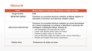 Oficina III
Titulo
Carga horária:
OBJETIVO GERAL:

OBJETIVOS ESPECÍFICOS:

Público Alvo

Mídias digitais na educação Produção e edição de vídeo
8:00
Conhecer os conceitos teóricos voltados as Mídias digitais na
educação e Construir com técnicas simples vídeos
Conhecer os conceitos teóricos voltados as novas tecnologias
do ( cloud computing ) e conhecer e Identificar o processo de
montagem e utilização Vídeos, através de :
• Uso pedagógico da produção de mídias
• Como Usar Montar editar vídeo no Picasa
• Publicar e editar vídeo no You tube
• Uso do WEVideo editor de Video on line ( cloud computing )
• Noções de Google Drive (cloud computing )
Professores de todas as áreas

 