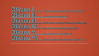 Oficina I.....
Oficina II....
Oficina III...
Oficina IV...
Oficina V....
Oficina VI...

Uso pedagógico de apresentações de slides digitais

Uso GoogleDocspedagógico do

Mídias digitais na educação Produção e edição de vídeo

Uso pedagógico de apresentações em PREZI

Uso pedagógico do Android (Tablet )

Uso do Googledocs para Conselho de classe on line

 