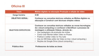 Oficina III
Titulo
Carga horária:
OBJETIVO GERAL:

OBJETIVOS ESPECÍFICOS:

Público Alvo

Mídias digitais na educação Produção e edição de vídeo
8:00
Conhecer os conceitos teóricos voltados as Mídias digitais na
educação e Construir com técnicas simples vídeos
Conhecer os conceitos teóricos voltados as novas tecnologias
do ( cloud computing ) e conhecer e Identificar o processo de
montagem e utilização Vídeos, através de :
• Uso pedagógico da produção de mídias
• Como Usar Montar editar vídeo no Picasa
• Publicar e editar vídeo no You tube
• Uso do WEVideo editor de Video on line ( cloud computing )
• Noções de Google Drive (cloud computing )
Professores de todas as áreas

 