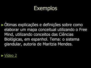 ExemplosDiferentes maneiras de criar conceitos e proposições com o software Cmapp. Apresentação oficial do próprio IHMC. A narração, apesar de ser em espanhol, vale por uma aula, assim como a exemplificação de como usar o software de maneira muito prática e objetiva. Vídeo 1