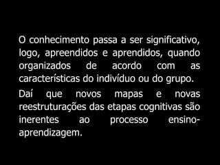 O conhecimento passa a ser significativo, logo, apreendidos e aprendidos, quando organizados de acordo com as características do indivíduo ou do grupo.Daí que novos mapas e novas reestruturações das etapas cognitivas são inerentes ao processo ensino-aprendizagem.