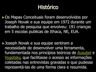 HistóricoOs Mapas Conceituais foram desenvolvidos por Joseph Novak e sua equipe em 1972 durante um trabalho de pesquisa que envolveu: 191 crianças em 5 escolas publicas de Ithaca, NE, EUA. 
