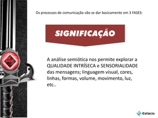 Os processos de comunicação vão se dar basicamente em 3 FASES:
SIGNIFICAÇÃO
A análise semiótica nos permite explorar a
QUALIDADE INTRÍSECA e SENSORIALIDADE
das mensagens; linguagem visual, cores,
linhas, formas, volume, movimento, luz,
etc..
 