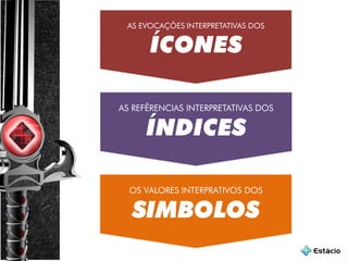AS REFÊRENCIAS INTERPRETATIVAS DOS
ÍNDICES
OS VALORES INTERPRATIVOS DOS
SIMBOLOS
AS EVOCAÇÕES INTERPRETATIVAS DOS
ÍCONES
 
