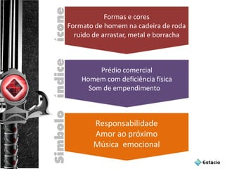 Prédio comercial
Homem com deficiência física
Som de empendimento
Responsabilidade
Amor ao próximo
Música emocional
Formas e cores
Formato de homem na cadeira de roda
ruido de arrastar, metal e borracha
íconeSimboloíndice
 