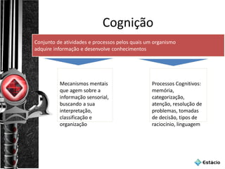 Cognição
Conjunto de atividades e processos pelos quais um organismo
adquire informação e desenvolve conhecimentos
Mecanismos mentais
que agem sobre a
informação sensorial,
buscando a sua
interpretação,
classificação e
organização
Processos Cognitivos:
memória,
categorização,
atenção, resolução de
problemas, tomadas
de decisão, tipos de
raciocínio, linguagem
 