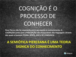 COGNIÇÃO É O
PROCESSO DE
CONHECER
Para Pierce não há separação entre percepção e conhecimento. A
COGNIÇÃO junto com a PERCEPÇÃO são inseparáveis das linguagens através
das quais o homem PENSA, SENTE, AGE e SE COMUNICA
A SEMIÓTICA PIERCEANA É UMA TEORIA
SIGNICA DO CONHECIMENTO
 