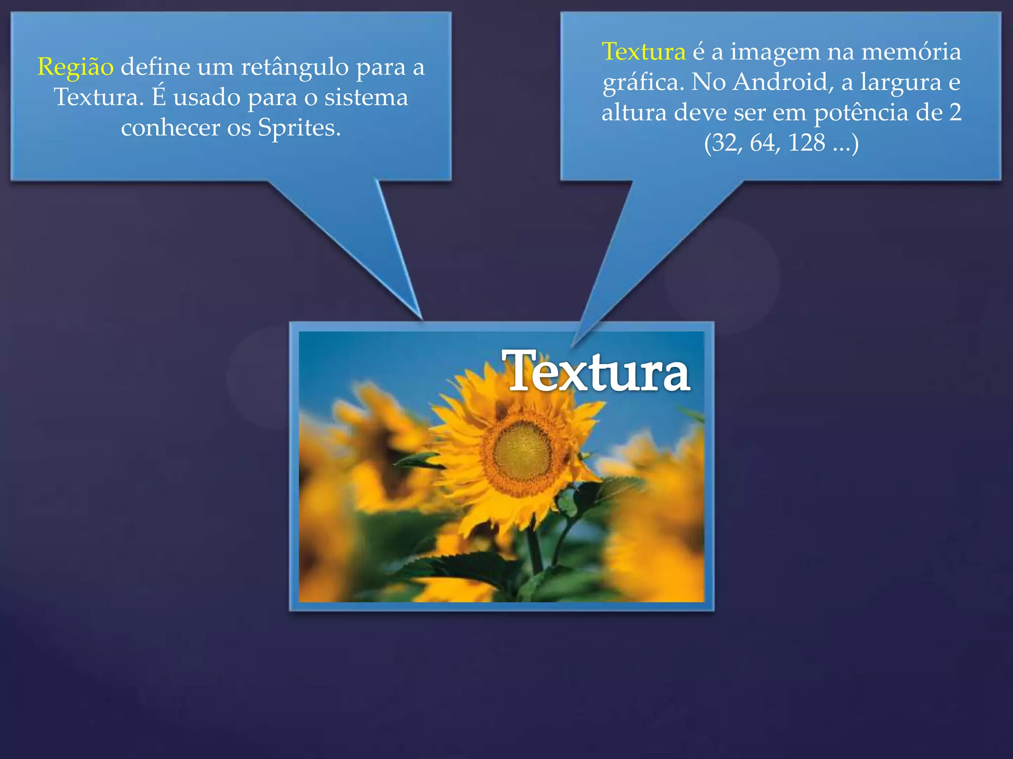 Textura é a imagem na memória
Região define um retângulo para a
                                    gráfica. No Android, a largura e
 Textura. É usado para o sistema
                                    altura deve ser em potência de 2
       conhecer os Sprites.
                                              (32, 64, 128 ...)
 