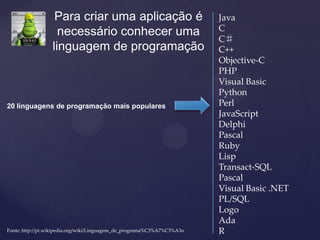 Para criar uma aplicação é                            Java
                    necessário conhecer uma                              C
                                                                         C♯
                  linguagem de programação                               C++
                                                                         Objective-C
                                                                         PHP
                                                                         Visual Basic
                                                                         Python
20 linguagens de programação mais populares                              Perl
                                                                         JavaScript
                                                                         Delphi
                                                                         Pascal
                                                                         Ruby
                                                                         Lisp
                                                                         Transact-SQL
                                                                         Pascal
                                                                         Visual Basic .NET
                                                                         PL/SQL
                                                                         Logo
                                                                         Ada
Fonte: http://pt.wikipedia.org/wiki/Linguagem_de_programa%C3%A7%C3%A3o   R
 