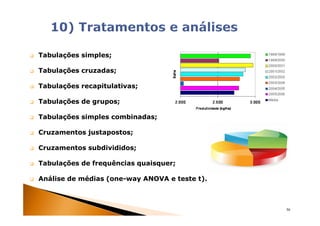 Tabulações simples;

Tabulações cruzadas;

Tabulações recapitulativas;

Tabulações de grupos;

Tabulações simples combinadas;

Cruzamentos justapostos;

Cruzamentos subdivididos;

Tabulações de frequências quaisquer;

Análise de médias (one-way ANOVA e teste t).



                                               50
 