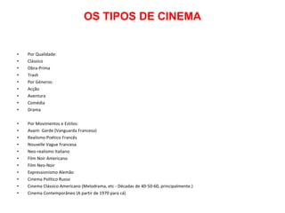OS TIPOS DE CINEMA Por Qualidade: Clássico Obra-Prima Trash Por Géneros: Acção Aventura Comédia Drama   Por Movimentos e Estilos: Avant- Garde (Vanguarda Francesa) Realismo Poético Francês Nouvelle Vague Francesa Neo-realismo Italiano Film Noir Americano Film Neo-Noir Expressionismo Alemão Cinema Político Russo Cinema Clássico Americano (Melodrama, etc - Décadas de 40-50-60, principalmente.) Cinema Contemporâneo (A partir de 1970 para cá) 