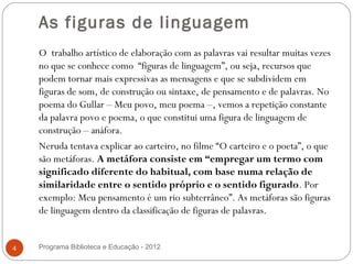As figuras de linguagem
    O trabalho artístico de elaboração com as palavras vai resultar muitas vezes
    no que se conhece como “figuras de linguagem”, ou seja, recursos que
    podem tornar mais expressivas as mensagens e que se subdividem em
    figuras de som, de construção ou sintaxe, de pensamento e de palavras. No
    poema do Gullar – Meu povo, meu poema –, vemos a repetição constante
    da palavra povo e poema, o que constitui uma figura de linguagem de
    construção – anáfora.
    Neruda tentava explicar ao carteiro, no filme “O carteiro e o poeta”, o que
    são metáforas. A metáfora consiste em “empregar um termo com
    significado diferente do habitual, com base numa relação de
    similaridade entre o sentido próprio e o sentido figurado. Por
    exemplo: Meu pensamento é um rio subterrâneo”. As metáforas são figuras
    de linguagem dentro da classificação de figuras de palavras.


4   Programa Biblioteca e Educação - 2012
 