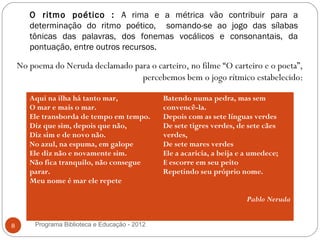 O ritmo poético : A rima e a métrica vão contribuir para a
       determinação do ritmo poético, somando-se ao jogo das sílabas
       tônicas das palavras, dos fonemas vocálicos e consonantais, da
       pontuação, entre outros recursos.

    No poema do Neruda declamado para o carteiro, no filme “O carteiro e o poeta”,
                                   percebemos bem o jogo rítmico estabelecido:

       Aqui na ilha há tanto mar,                Batendo numa pedra, mas sem
       O mar e mais o mar.                       convencê-la.
       Ele transborda de tempo em tempo.         Depois com as sete línguas verdes
       Diz que sim, depois que não,              De sete tigres verdes, de sete cães
       Diz sim e de novo não.                    verdes,
       No azul, na espuma, em galope             De sete mares verdes
       Ele diz não e novamente sim.              Ele a acaricia, a beija e a umedece;
       Não fica tranquilo, não consegue          E escorre em seu peito
       parar.                                    Repetindo seu próprio nome.
       Meu nome é mar ele repete

                                                                           Pablo Neruda


8        Programa Biblioteca e Educação - 2012
 