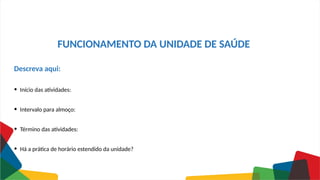 FUNCIONAMENTO DA UNIDADE DE SAÚDE
Descreva aqui:
• Início das atividades:
• Intervalo para almoço:
• Término das atividades:
• Há a prática de horário estendido da unidade?
 