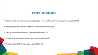 RESOLUTIVIDADE
• Descreva aqui, brevemente, os serviços de apoio de sua unidade, com destaque para os serviços de AAE.
• As equipes apontam grandes problemas com esses serviços de apoio?
• Taxa de encaminhamentos para a Atenção Especializada (1):
• Proporção de usuários em fila de espera por especialidade (2):
• Tempo médio na fila de espera por especialidade (3):
 