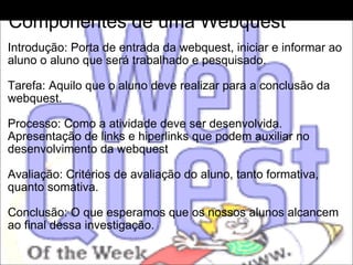 Componentes de uma Webquest Introdução: Porta de entrada da webquest, iniciar e informar ao aluno o aluno que será trabalhado e pesquisado. Tarefa: Aquilo que o aluno deve realizar para a conclusão da webquest. Processo: Como a atividade deve ser desenvolvida. Apresentação de links e hiperlinks que podem auxiliar no desenvolvimento da webquest Avaliação: Critérios de avaliação do aluno, tanto formativa, quanto somativa. Conclusão: O que esperamos que os nossos alunos alcancem ao final dessa investigação. 