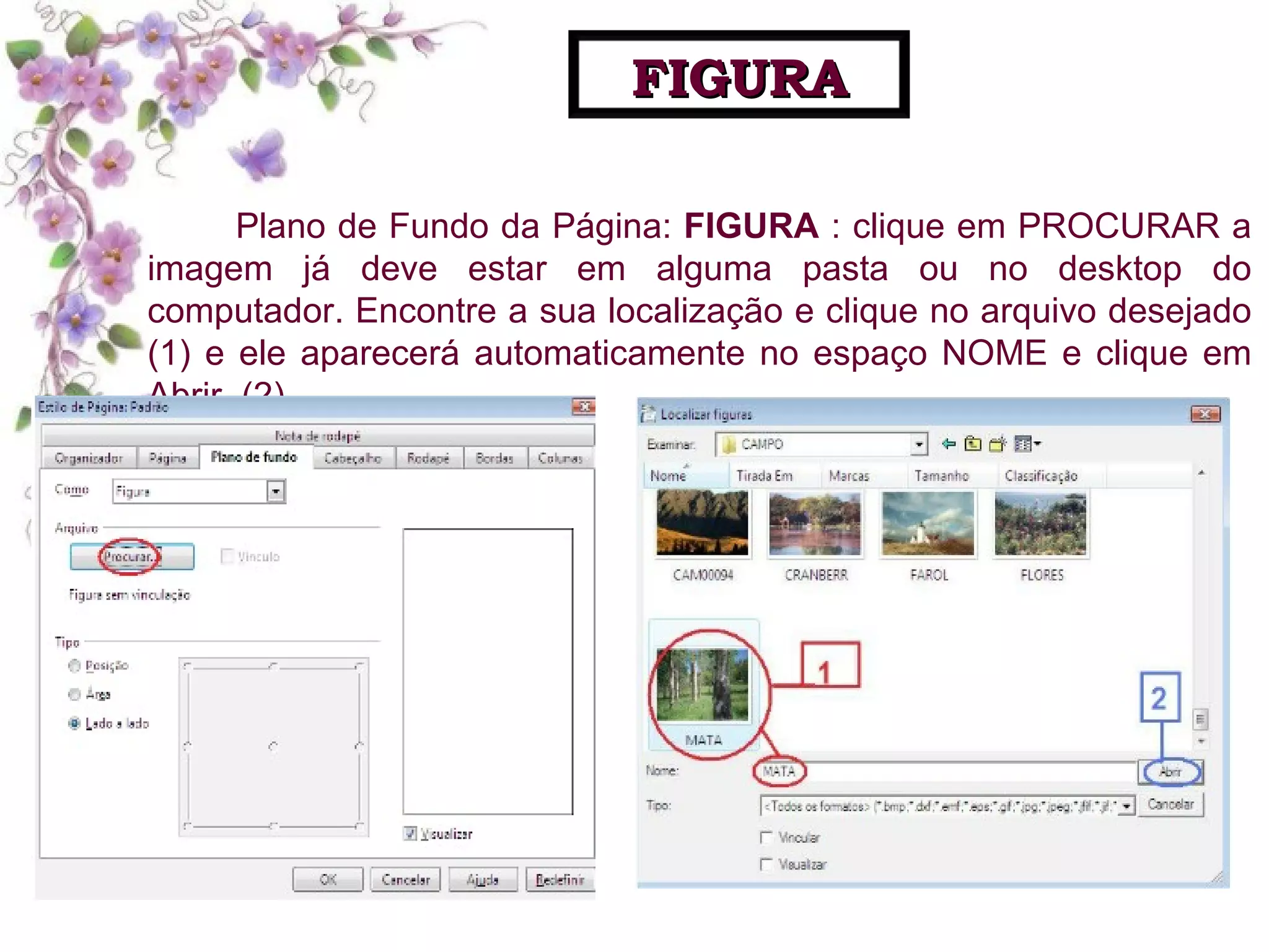 Plano de Fundo da Página:  FIGURA  : clique em PROCURAR a imagem já deve estar em alguma pasta ou no desktop do computador. Encontre a sua localização e clique no arquivo desejado (1) e ele aparecerá automaticamente no espaço NOME e clique em Abrir. (2) FIGURA 