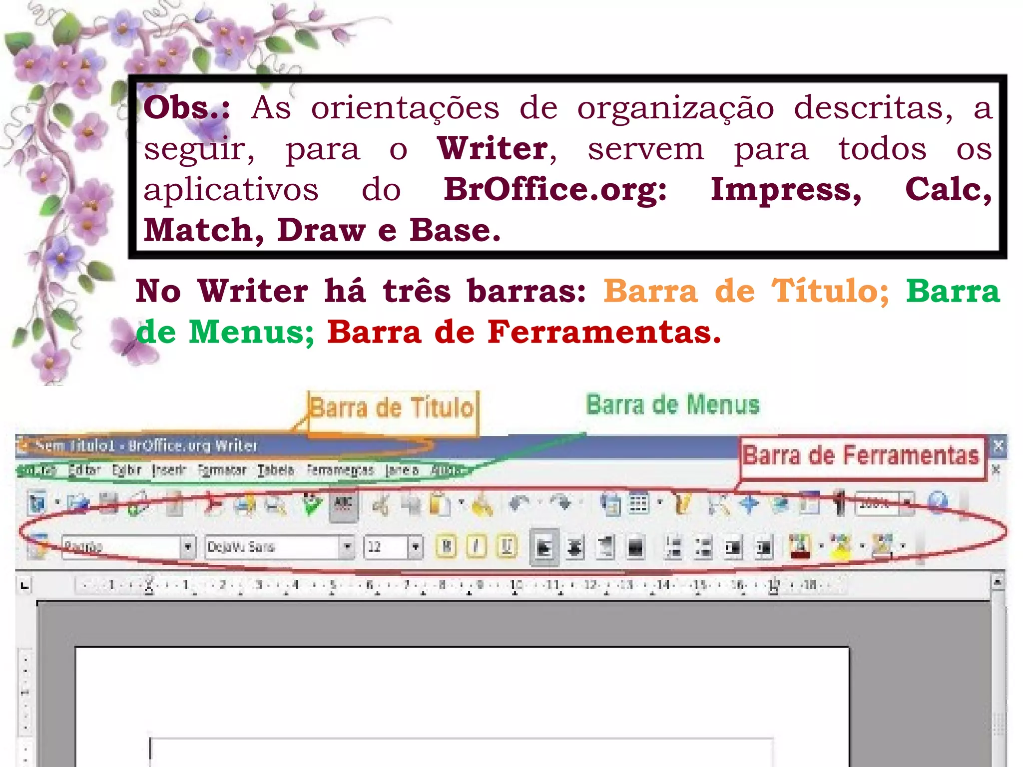 No Writer há três barras:  Barra de Título;  Barra de Menus;  Barra de Ferramentas. Obs.:  As orientações de organização descritas, a seguir, para o  Writer , servem para todos os aplicativos do  BrOffice.org: Impress, Calc, Match, Draw e Base.  