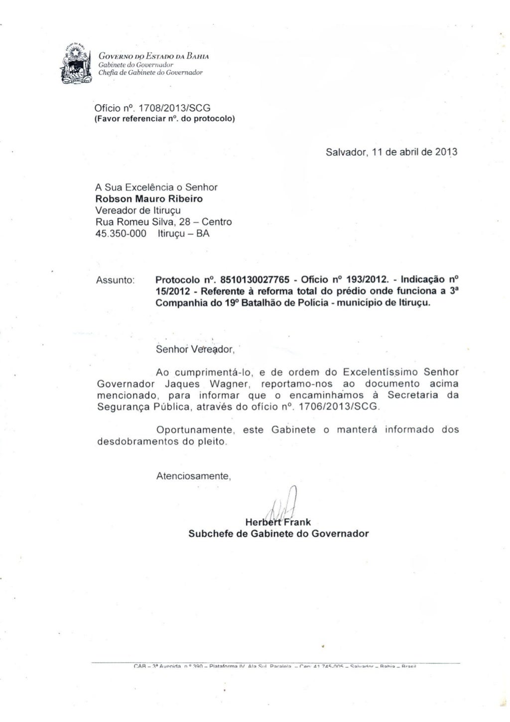 Oficio do do Governador Oficio do do Governador