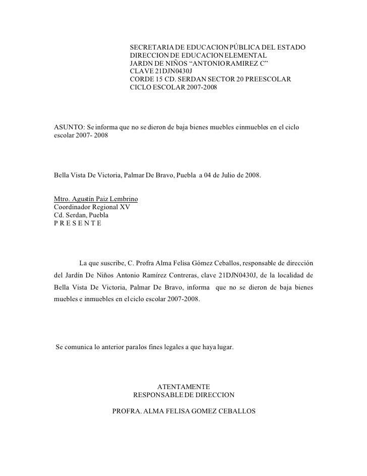 Oficio De Baja De Bienes Inmuebles