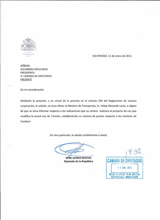 •




          1      l~-

      O": I;-U'l T !¡•...•.
                       ):
              ~"¡m.-¡                                                          VALPARAíso, 11 de enero de 2011



    SEÑORA
    ALEJANDRASEPULVEDA
    PRESIDENTA
    H. CAMARA DE DIPUTADOS
    PRESENTE



    De mi consideración:



    Mediante              la presente, y en virtud   de lo previsto en el artículo 294 del Reglamento de nuestra

    corporación, le solicito, se sirva oficiar al Ministro de Transportes, Sr. Felipe Morande Lavín, a objeto

    de que se sirva informar respecto a las indicaciones que su cartera                realizara al proyecto de Ley que

    modifica la actual Ley de Transito, estableciendo              un sistema de puntos respecto a las Licencias de

    Conducir




                                        Sin otro particular, le saluda cordialmente   a usted;




                                                        ~--------------
                                                       R NE ALINeo BUSTOS
                                                     Diputado de la República
 