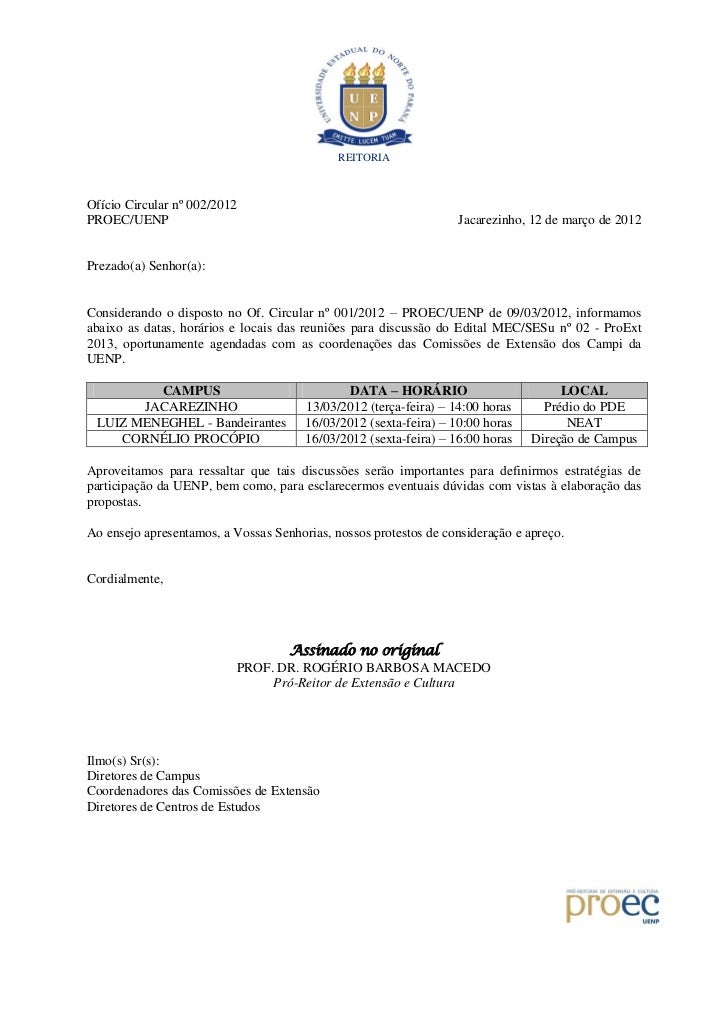 Oficio circular 002 2012 pro ext 2013 agenda reunioes nos 