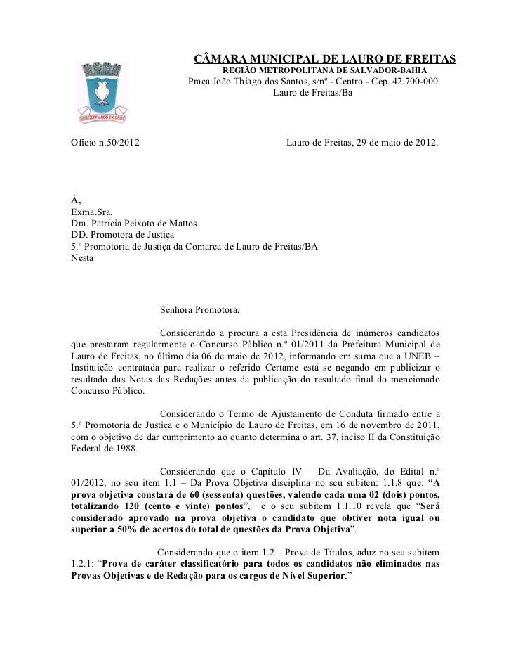 Ofício da Presidência da Câmara Municipal de Lauro de 