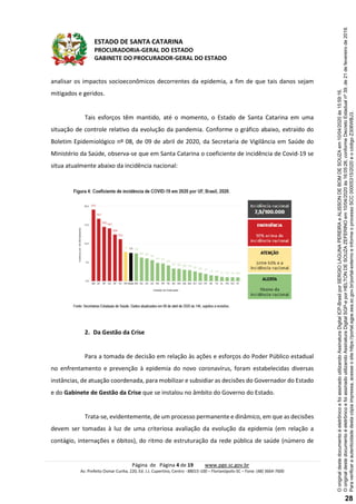 ESTADO DE SANTA CATARINA
PROCURADORIA-GERAL DO ESTADO
GABINETE DO PROCURADOR-GERAL DO ESTADO
Página de Página 4 de 19 www.pge.sc.gov.br
Av. Prefeito Osmar Cunha, 220, Ed. J.J. Cupertino, Centro - 88015-100 – Florianópolis-SC – Fone: (48) 3664-7600
analisar os impactos socioeconômicos decorrentes da epidemia, a fim de que tais danos sejam
mitigados e geridos.
Tais esforços têm mantido, até o momento, o Estado de Santa Catarina em uma
situação de controle relativo da evolução da pandemia. Conforme o gráfico abaixo, extraído do
Boletim Epidemiológico nº 08, de 09 de abril de 2020, da Secretaria de Vigilância em Saúde do
Ministério da Saúde, observa-se que em Santa Catarina o coeficiente de incidência de Covid-19 se
situa atualmente abaixo da incidência nacional:
2. Da Gestão da Crise
Para a tomada de decisão em relação às ações e esforços do Poder Público estadual
no enfrentamento e prevenção à epidemia do novo coronavírus, foram estabelecidas diversas
instâncias, de atuação coordenada, para mobilizar e subsidiar as decisões do Governador do Estado
e do Gabinete de Gestão da Crise que se instalou no âmbito do Governo do Estado.
Trata-se, evidentemente, de um processo permanente e dinâmico, em que as decisões
devem ser tomadas à luz de uma criteriosa avaliação da evolução da epidemia (em relação a
contágio, internações e óbitos), do ritmo de estruturação da rede pública de saúde (número de
Paraverificaraautenticidadedestacópiaimpressa,acesseositehttps://portal.sgpe.sea.sc.gov.br/portal-externoeinformeoprocessoSCC00005315/2020eocódigoZ306WBJ3.
OoriginaldestedocumentoéeletrônicoefoiassinadoutilizandoAssinaturaDigitalSGP-eporHELTONDESOUZAZEFERINOem10/04/2020às16:05:26,conformeDecretoEstadualnº39,de21defevereirode2019.
OoriginaldestedocumentoéeletrônicoefoiassinadoutilizandoAssinaturaDigitalICP-BrasilporSERGIOLAGUNAPEREIRAeALISSONDEBOMDESOUZAem10/04/2020às15:59:16.
28
 