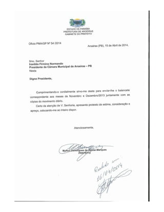 Ofício da Prefeitura Municipal de Aroeiras