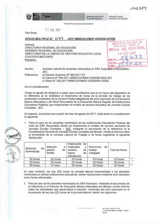 ^ ^ 2 - 3 £ * 1
C-
/
r > /
f iB f 1 1 $ L WJír„T Dirección General de Dirección Técnico
Desarrollo Docente Normativa de Docentes
"Año del Buen Servido al Ciudadano"
3 1 AGG. 2017
San Borja,
OFICIO MÚLTIPLE N° 0 ^ 9 -2017-MINEDU/VMGP-DIGEDD-DITEN
Señor/a
DIRECTOR/A REGIONAL DE EDUCACIÓN
GERENTE REGIONAL DE EDUCACIÓN
DIRECTOR/A DE LA UNIDAD DE GESTIÓN EDUCATIVA LOCAL
COLEGIOS MILITARES
Presente.-
Asunto: Jornada Laboral de docentes nombrados en EBA
JEC
Referencia: a) Decreto Supremo N° 009-2017-EF
b) Informe N° 044-2017-MINEDU/VMGP-DIGEBR-DES-JEC
c) Oficio N° 328-2017-MINEDU/VMGP-DIGEIBIRA-DEBA
De mi consideración:
Tengo el agrado de dirigirme a usted, para manifestarle que en el marco del dispositivo de
la referencia a) se establece el incremento de horas en la jornada de trabajo de los
profesores nombrados de la Carrera Pública Magisterial del ciclo avanzado de la Educación
Básica Alternativa y del Nivel Secundaria de la Educación Básica Regular de Instituciones
Educativas Públicas que implementan el modelo de servicio educativo de Jornada Escolar
Completa - JEC.
Al respecto, se precisa que a partir del mes de agosto del 2017, debe tener en consideración
lo siguiente:
1. Para el caso de los docentes nombrados de las Instituciones Educativas Públicas del
nivel de EBR Secundaria donde se implementa el modelo de servicio educativo de
Jornada Escolar Completa - JEC; mediante el documento de la referencia b) la
Coordinadora General de Jornada Escolar Completa del Minedu, remite el informe sobre
el incremento de la Jornada Laboral de Trabajo a 32 horas sugiriendo la siguiente
distribución:
Sesiones de
Aprendizaje
Atención a
padres de
familia
Elaboración de
materiales y
revisión de
logros de
estudiantes
Reuniones de
trabajo
colegiado
Total de Horas
24 horas 02 horas 03 horas 03 horas 32 horas
25 horas 02 horas 02 horas 03 horas 32 horas
26 horas 01 hora 02 horas 03 horas 32 horas
En este contexto, las dos (02) horas de jornada laboral incrementada a los docentes
nombrados en dichas Instituciones Educativas, deben reconocerse mediante acto resolutivo
como horas adicionales.
2. Para el caso de los docentes nombrados en EBA Avanzado; mediante el documento de
la referencia c) el Director de Educación Básica Alternativa del Minedu remite informe
sobre las actividades que desarrollará el docente nombrado del ciclo avanzado en el
incremento de las dos (02) horas de la jornada laboral, siendo las siguientes:
wwvjj viiaiaü11.'¿oü.pb San Borja, Lima 41, Perú
T: (511) 615 5800 Ax. 26282 - 26575 -
26273
 