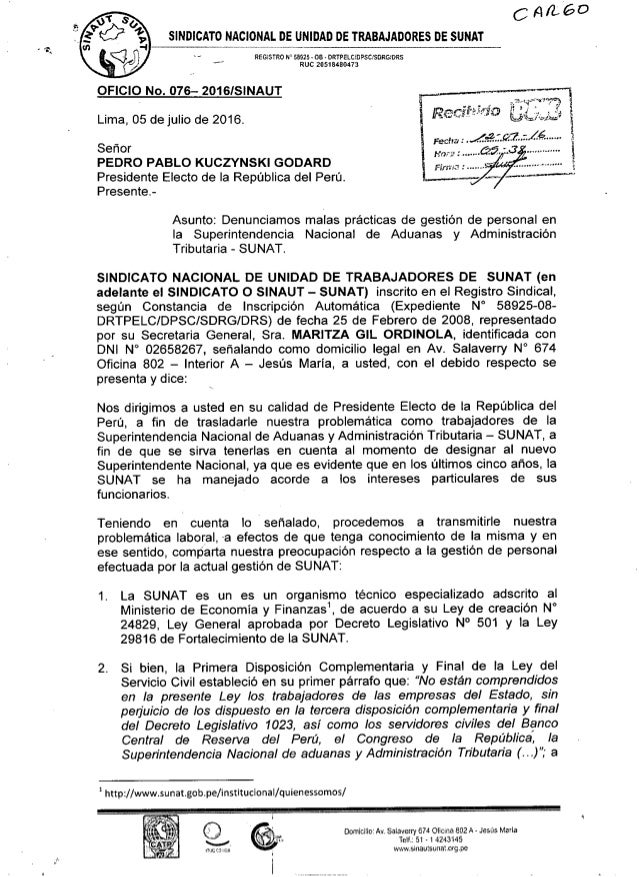 Oficio n°076 2016 sinautsunat denunciamos malas practicas 