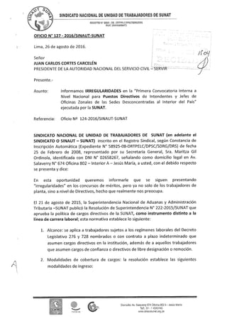 Oficio n°127 2016 sinautsunat informamos irregularidades primera convocatoria  puestos directivos