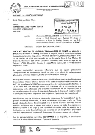 Oficio n°128 2016 sinautsunat informamos irregularidades en la primera convocatoria para puestos directivos