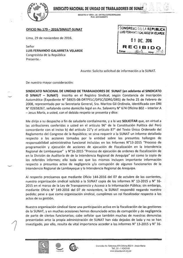 Oficio n°179 sinautsunat solicita solicitud de informacion a la sunat Oficio n°179 sinautsunat solicita solicitud de informacion a la sunat