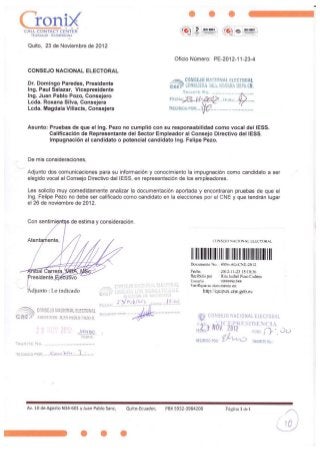 Oficio n° pe 2012 11-23-4 dr domingo paredes-presidente cne asunto-pruebas de que el ing pezo no cumplió