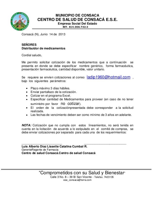 Oficio para cotizar medicamentos julio 2012