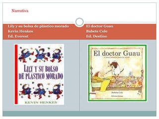 NarrativaLily y su bolsa de plástico moradoKevin HenkesEd. EverestEl doctor GuauBabete ColeEd. Destino