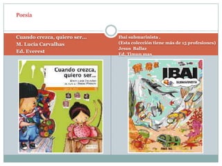 PoesíaCuando crezca, quiero ser...M. Lucía CarvalhasEd. EverestIbai submarinista .(Esta colección tiene más de 15 profesiones)JesusBallazEd. Timun mas